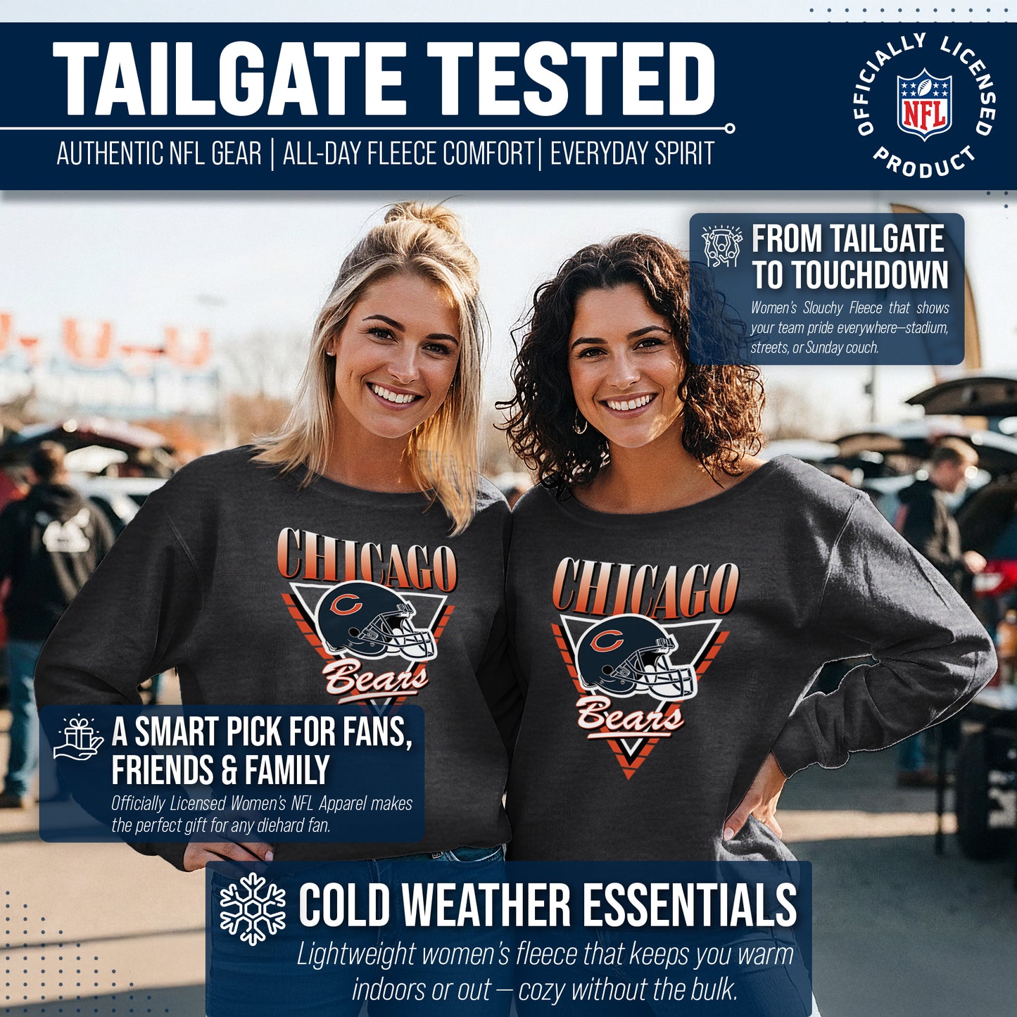 Chicago Bears NFL Womens Retro Triangle French Terry Slouchy Top- Raglan Sleeves - Heather Charcoal