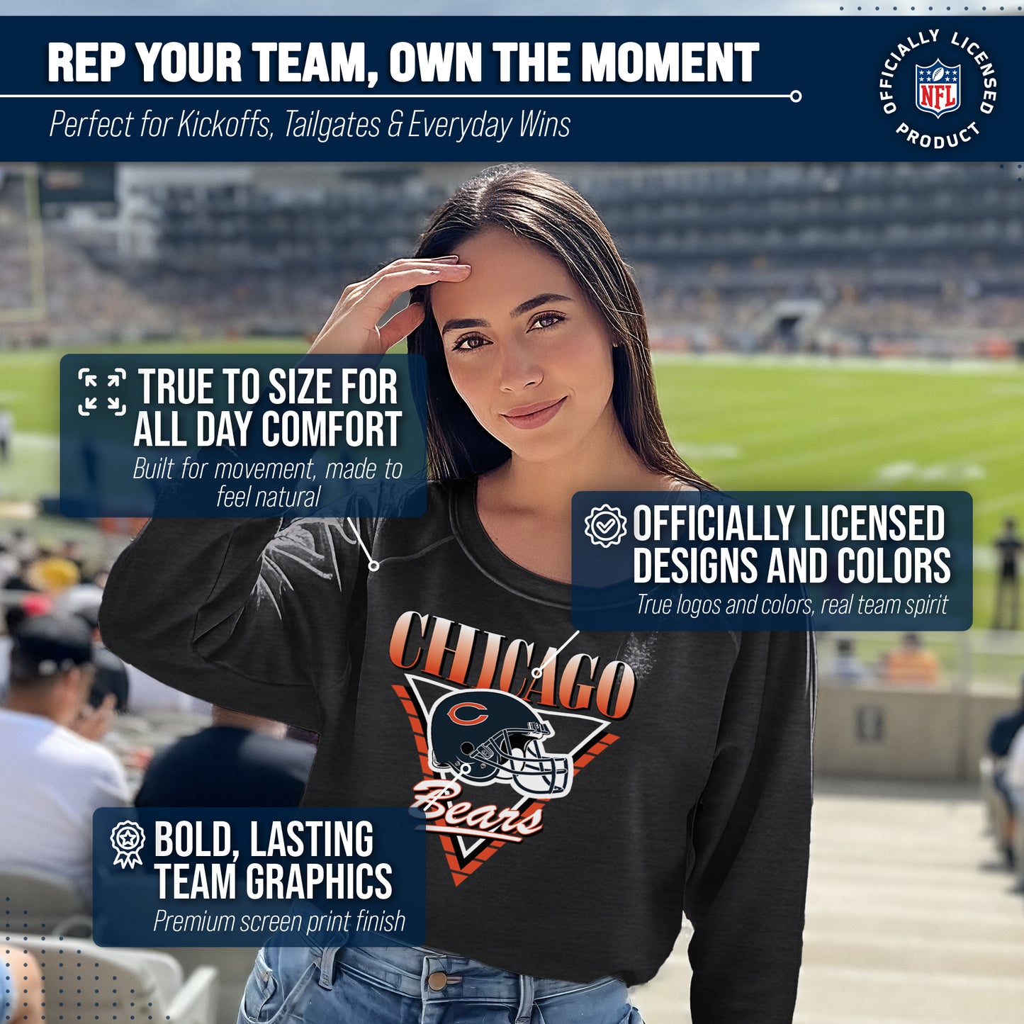 Chicago Bears NFL Womens Retro Triangle French Terry Slouchy Top- Raglan Sleeves - Heather Charcoal