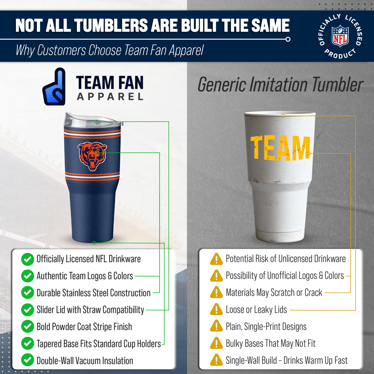 Chicago Bears  30 oz Stripe Powder Coat Tumbler | NFL Stainless - Navy