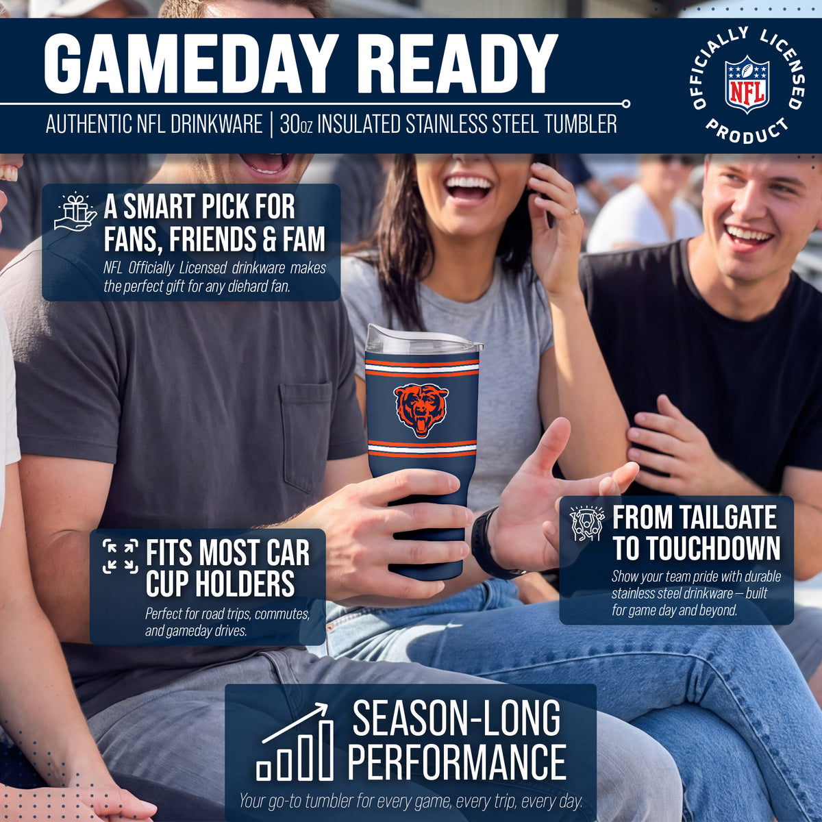 Chicago Bears  30 oz Stripe Powder Coat Tumbler | NFL Stainless - Navy