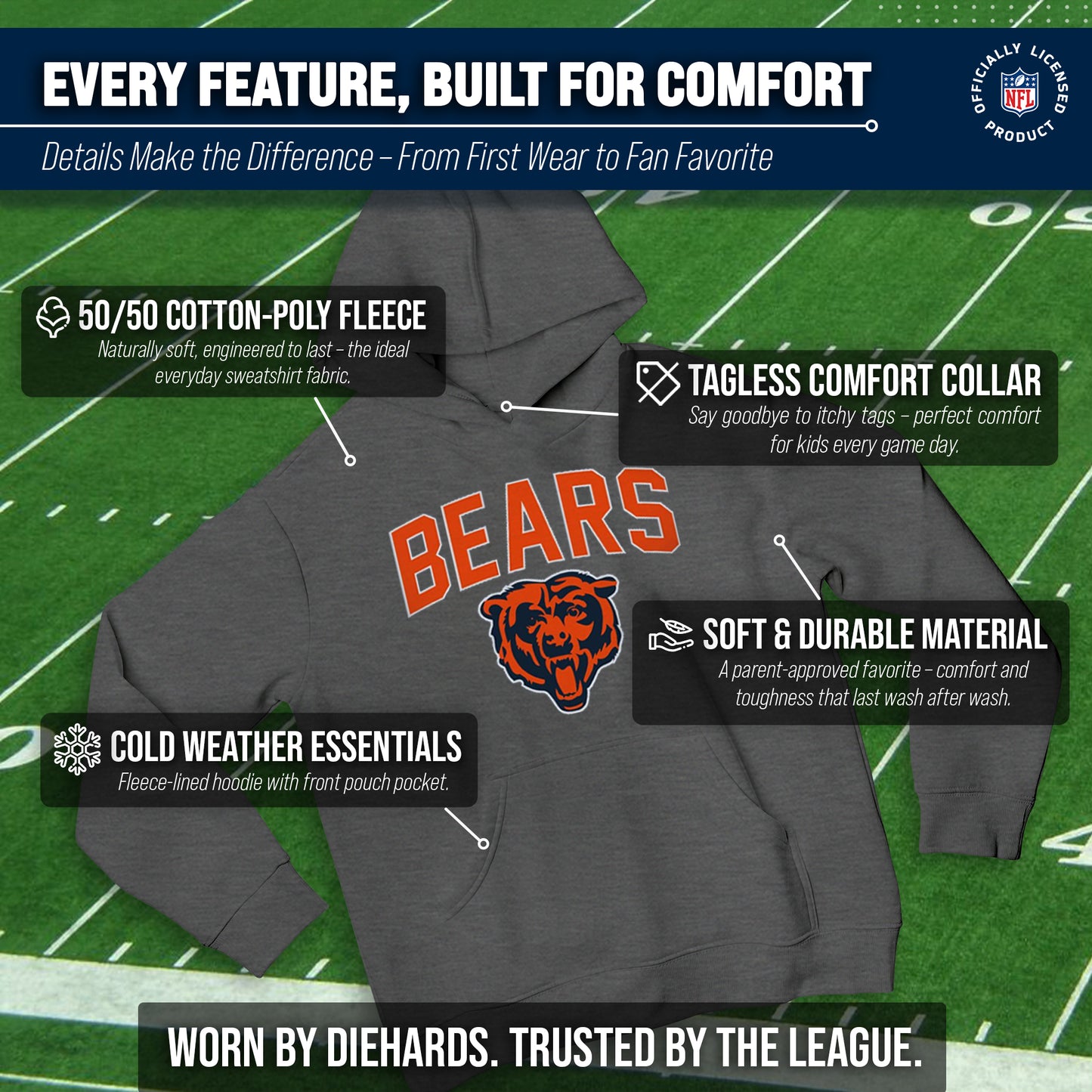 Chicago Bears NFL Youth Home Team Hoodie- Kids Hooded Sweatshirt - Sport Gray