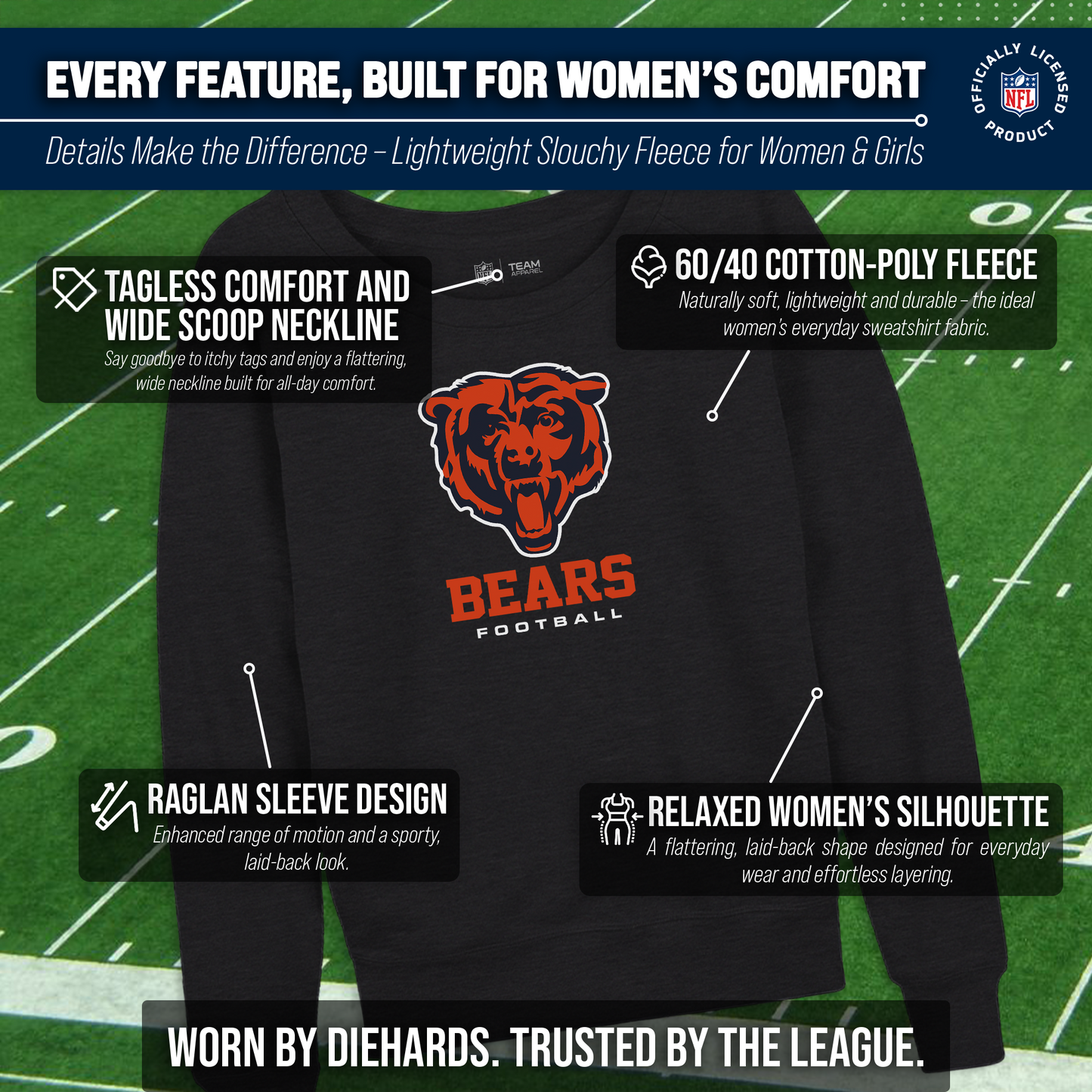 Chicago Bears NFL Womens Ultimate Fan French Terry Slouchy Top- Raglan Sleeves - Charcoal