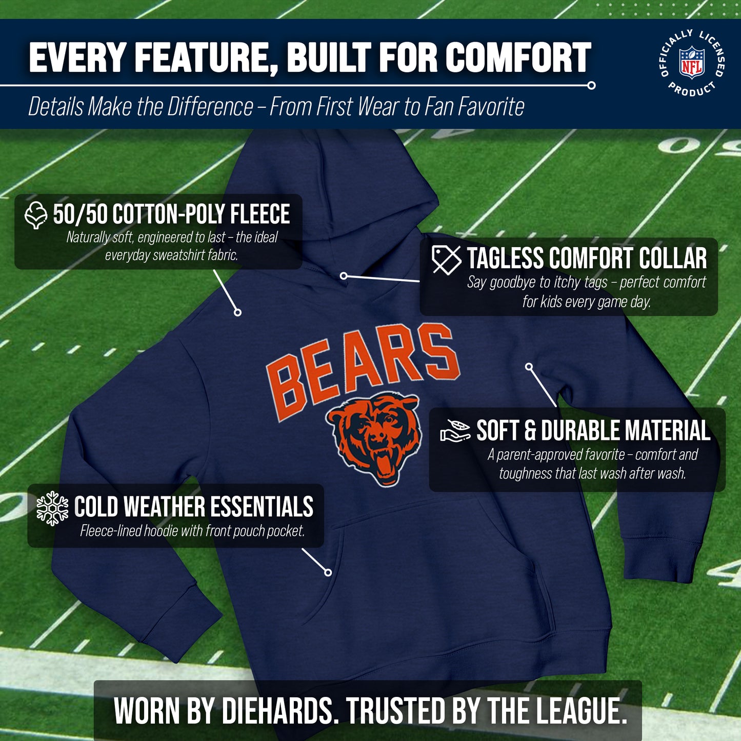Chicago Bears NFL Youth Home Team Hoodie- Kids Hooded Sweatshirt - Navy