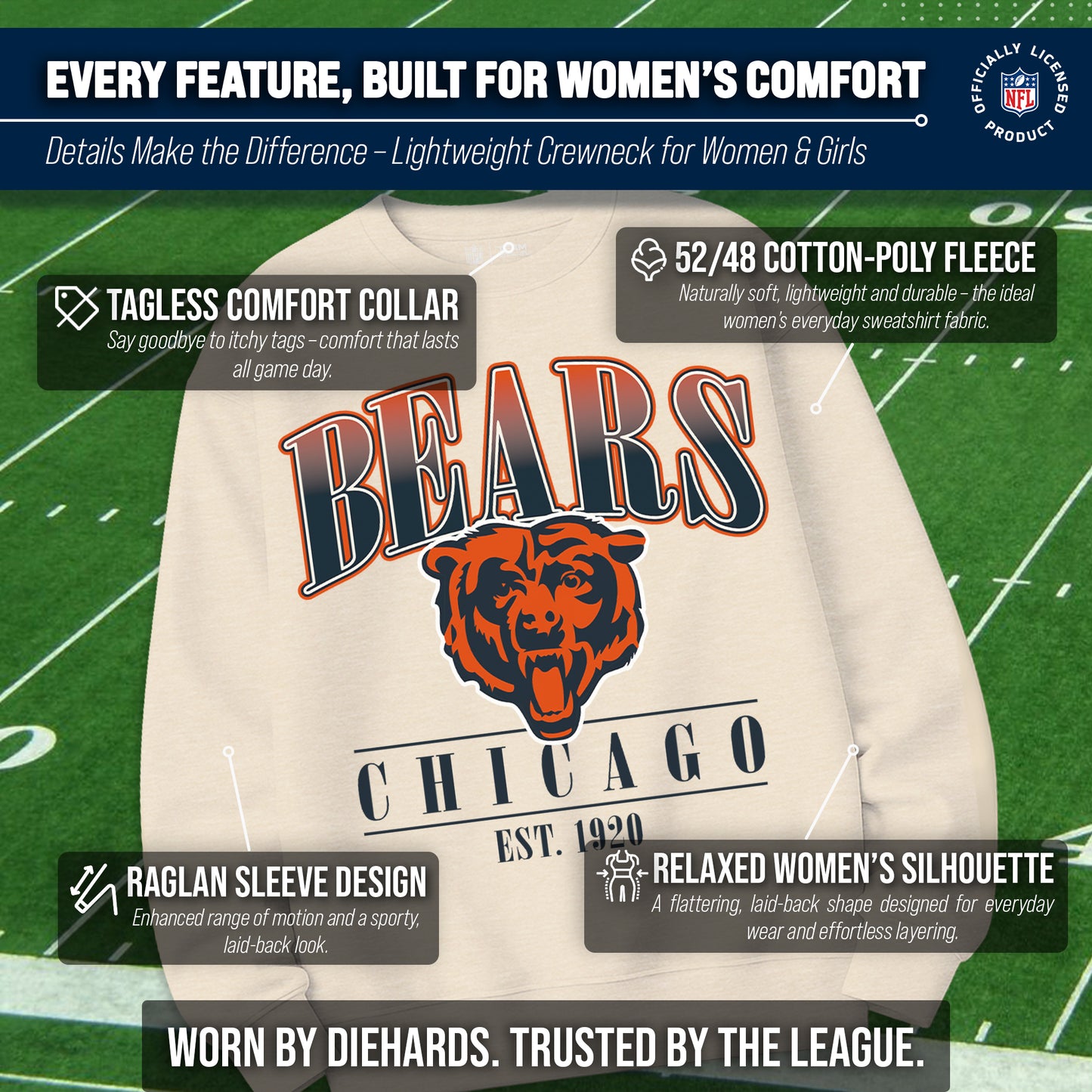 Chicago Bears Womens NFL Starstruck Crewneck Pullover - Cream