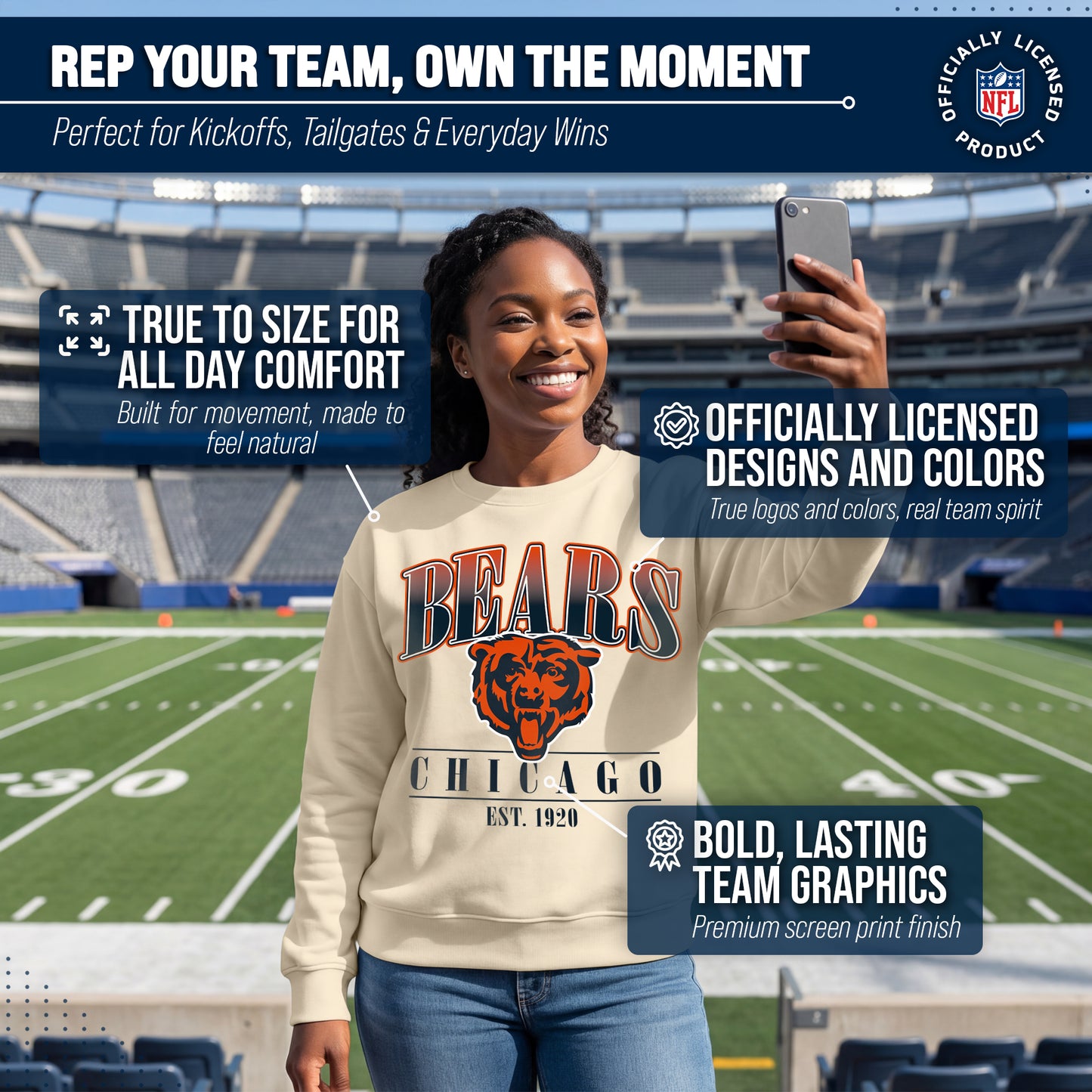 Chicago Bears Womens NFL Starstruck Crewneck Pullover - Cream