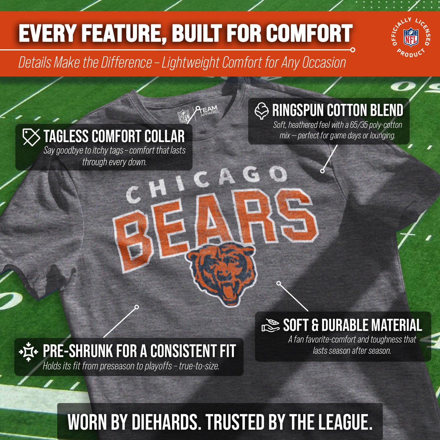 Chicago Bears NFL Starting Fresh Short Sleeve Heather T-Shirt - Sport Gray