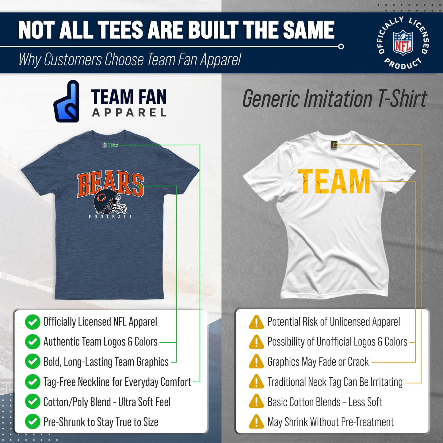 Chicago Bears NFL Adult All Star Heather Tag-Less T-Shirt - Navy Heather