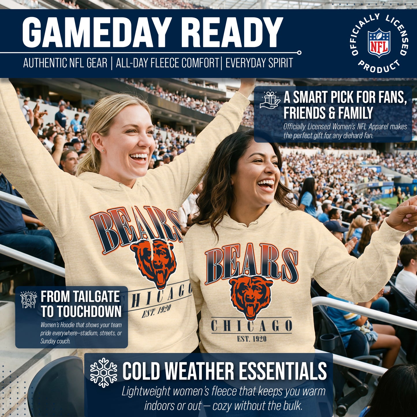 Chicago Bears Team Fan Apparel NFL Women's  Starstruck Fleece Pullover Hoodie - Cream