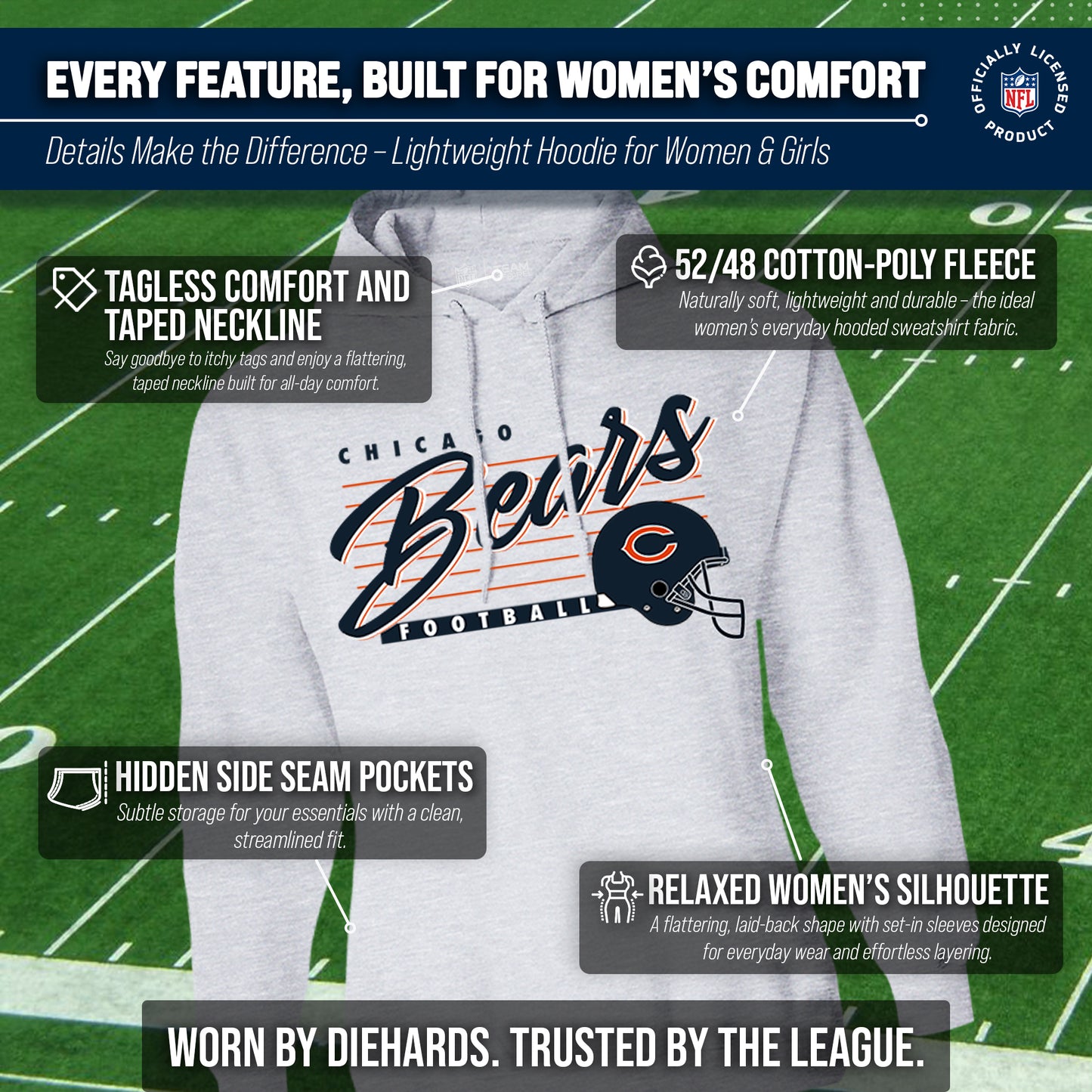 Chicago Bears Ladies NFL Scrimmage Line Fleece Pullover Hooded Sweatshirt - Gray Heather