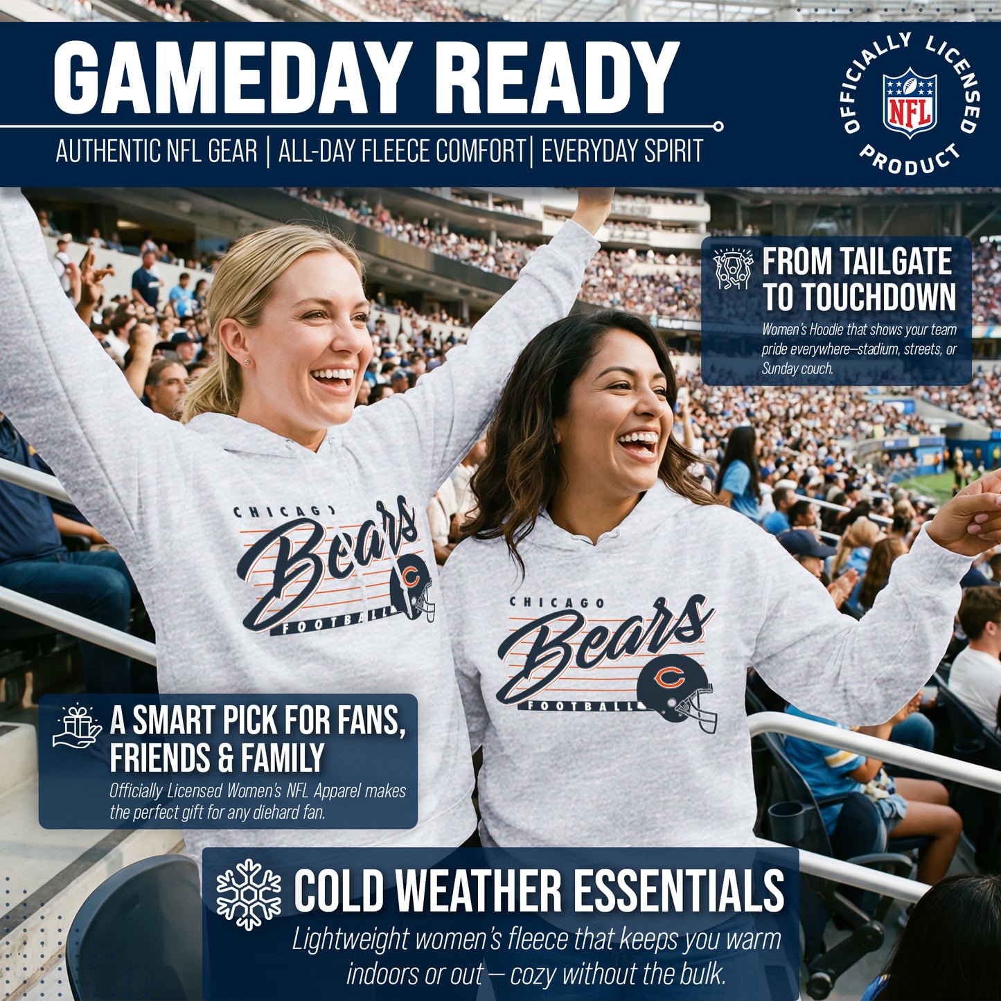 Chicago Bears Ladies NFL Scrimmage Line Fleece Pullover Hooded Sweatshirt - Gray Heather