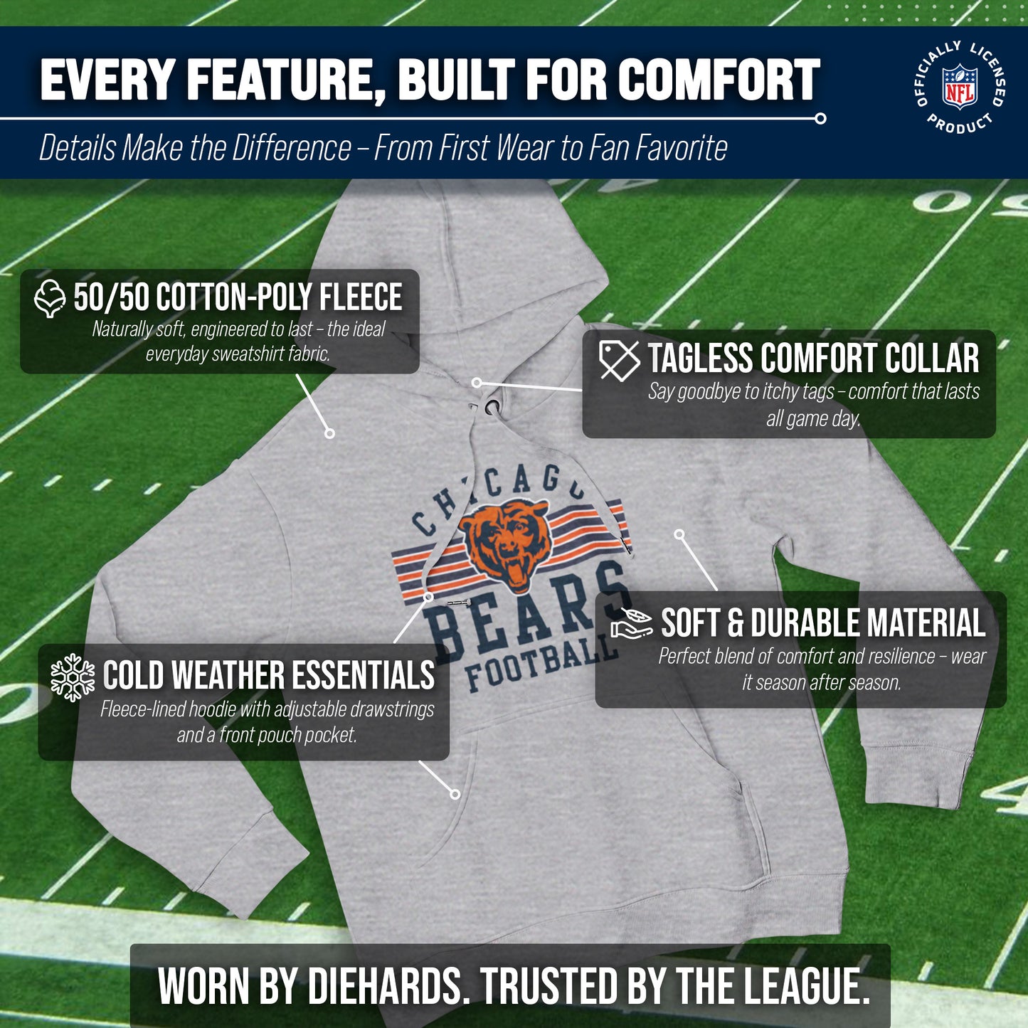 Chicago Bears NFL Team Stripe Hooded Sweatshirt- Soft Pullover Sports Hoodie For Men & Women - Sport Gray