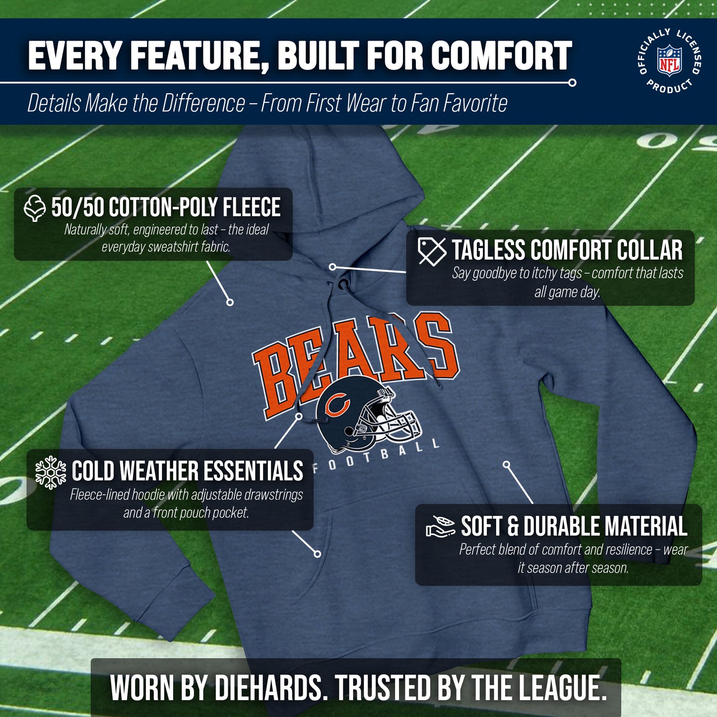 Chicago Bears NFL Adult Unisex All Star Soft Fleece Hooded Sweatshirt - Navy Heather