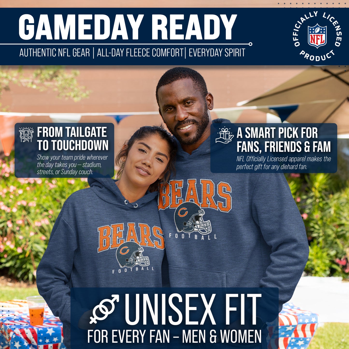 Chicago Bears NFL Adult Unisex All Star Soft Fleece Hooded Sweatshirt - Navy Heather