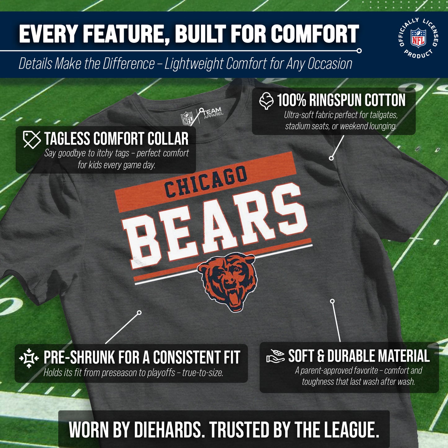 Chicago Bears NFL Youth Short Sleeve Charcoal T Shirt - Charcoal