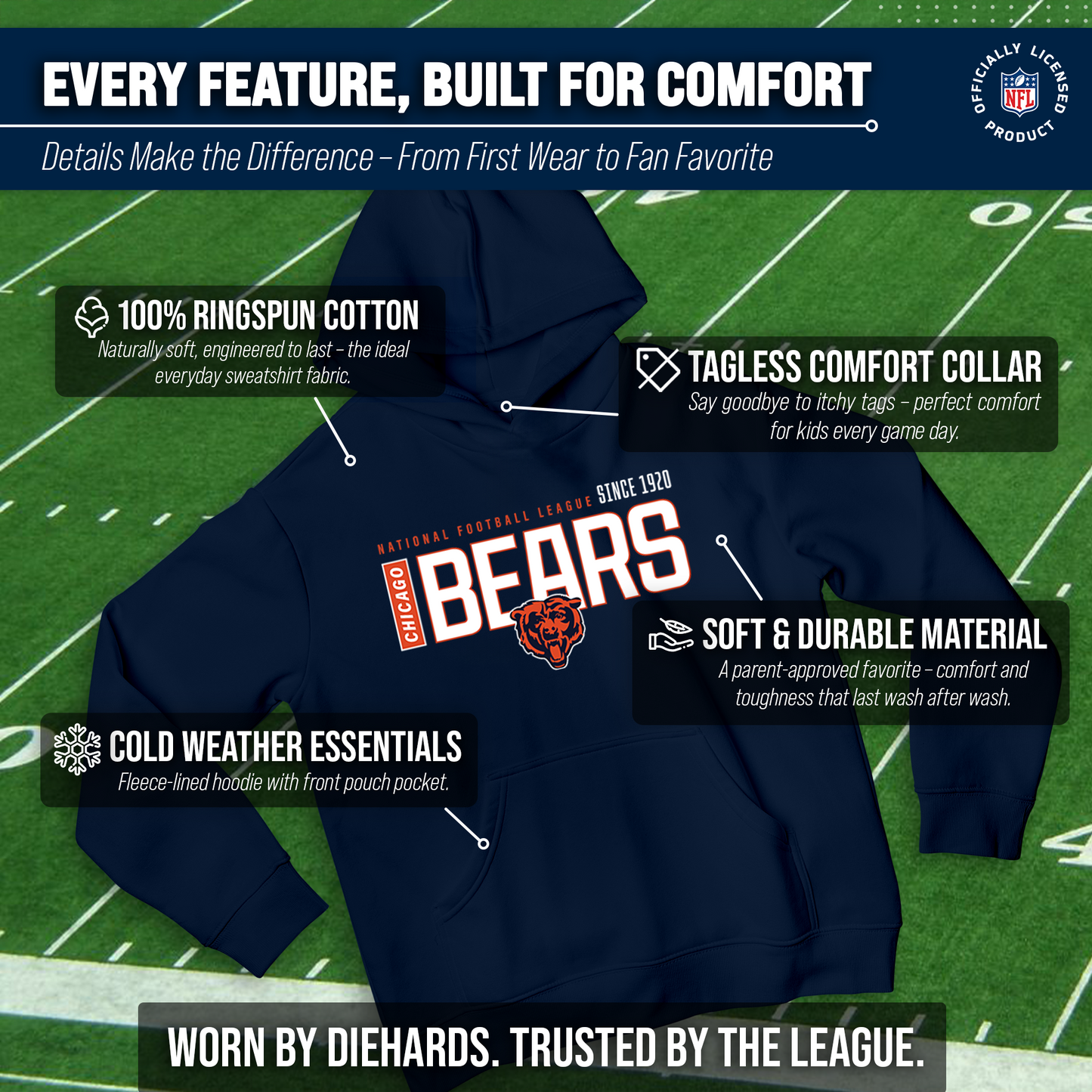 Chicago Bears NFL Youth Modern Endzone Football Fleece Hooded Sweatshirt - Navy