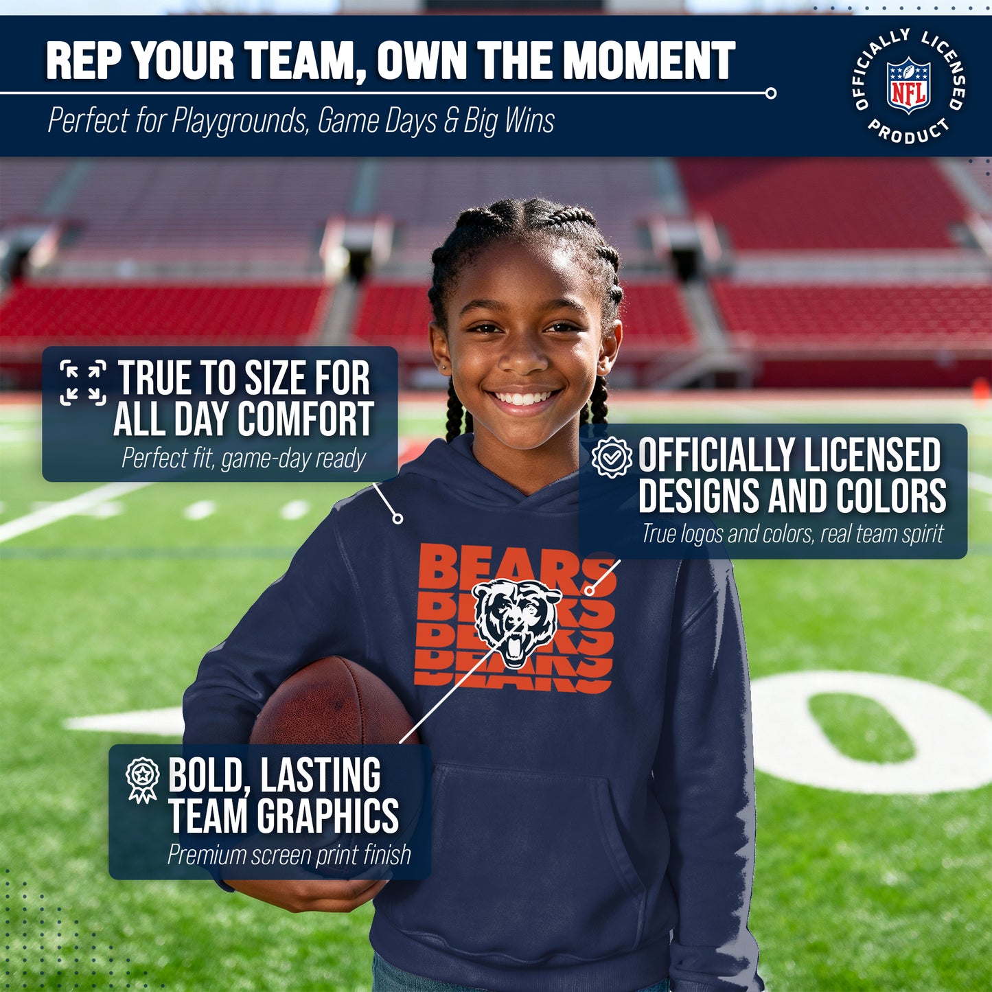 Chicago Bears NFL Youth Repeating Logo Football Fleece Hooded Sweatshirt - Navy
