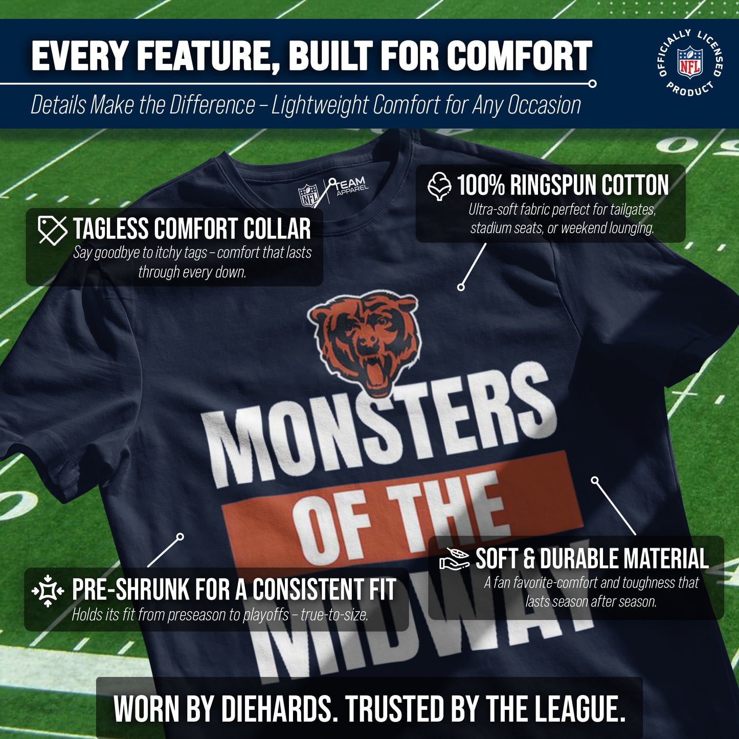 Chicago Bears NFL Adult Team Slogan Unisex T-Shirt - Navy