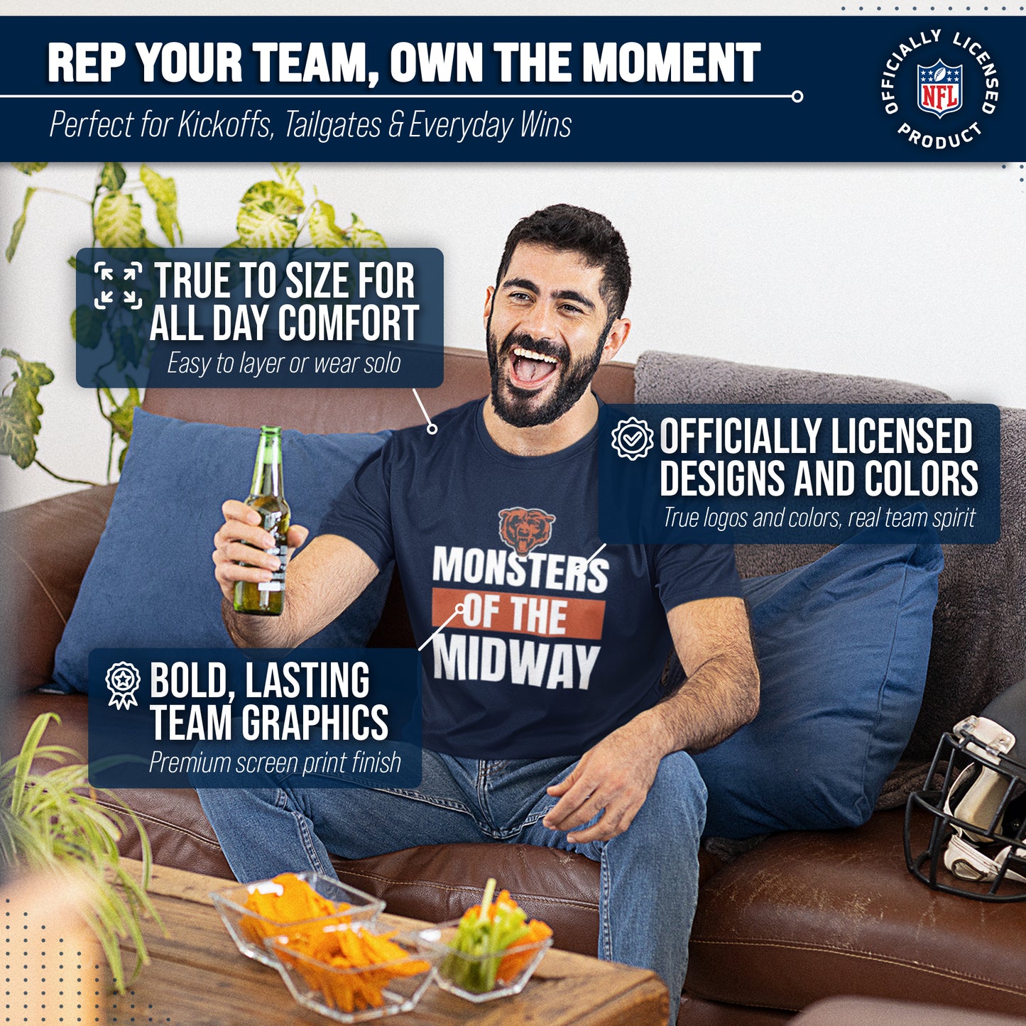 Chicago Bears NFL Adult Team Slogan Unisex T-Shirt - Navy