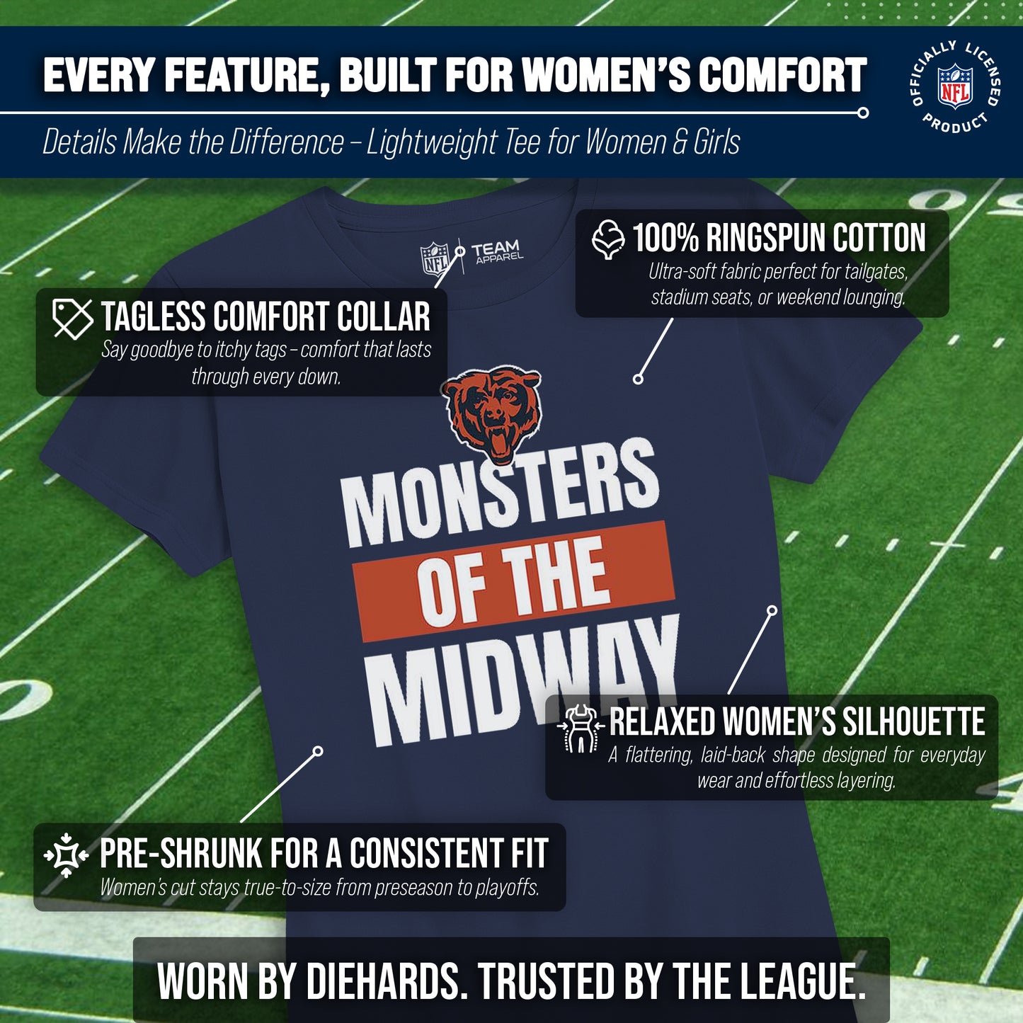 Chicago Bears NFL Womens Team Slogan Short Sleeve Tshirt - Navy