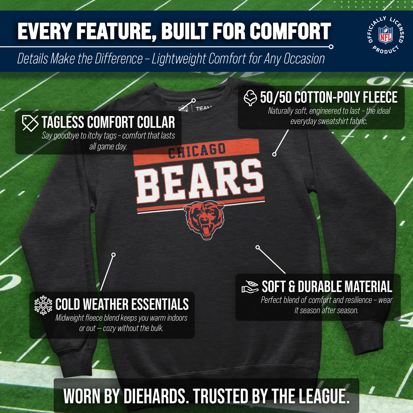 Chicago Bears NFL Adult Long Sleeve Team Block Charcoal Crewneck Sweatshirt - Charcoal