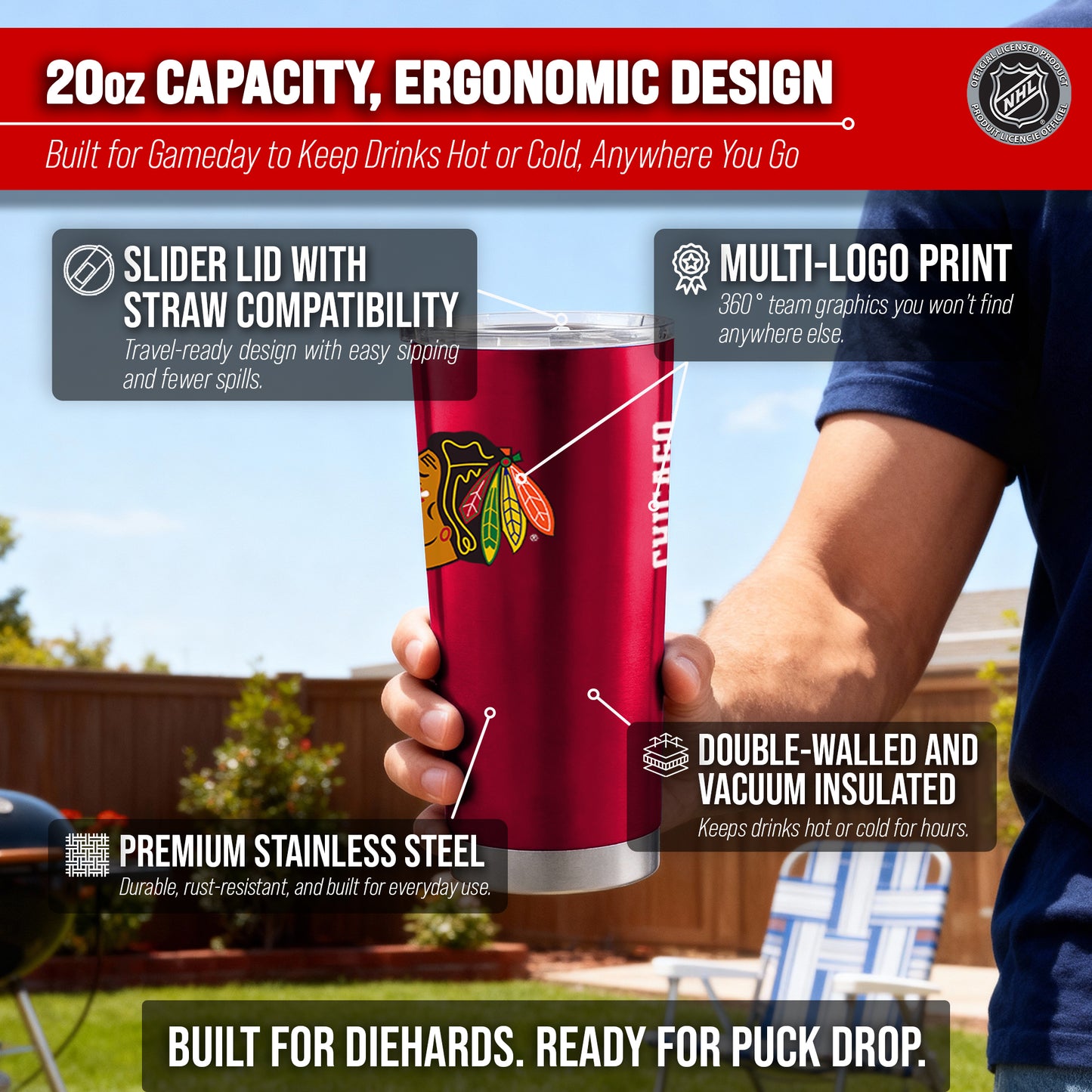 Chicago Blackhawks NHL Hockey 20oz Stainless Steel Vacuum Insulated Game Day Tumbler with Silicone Grip - Red