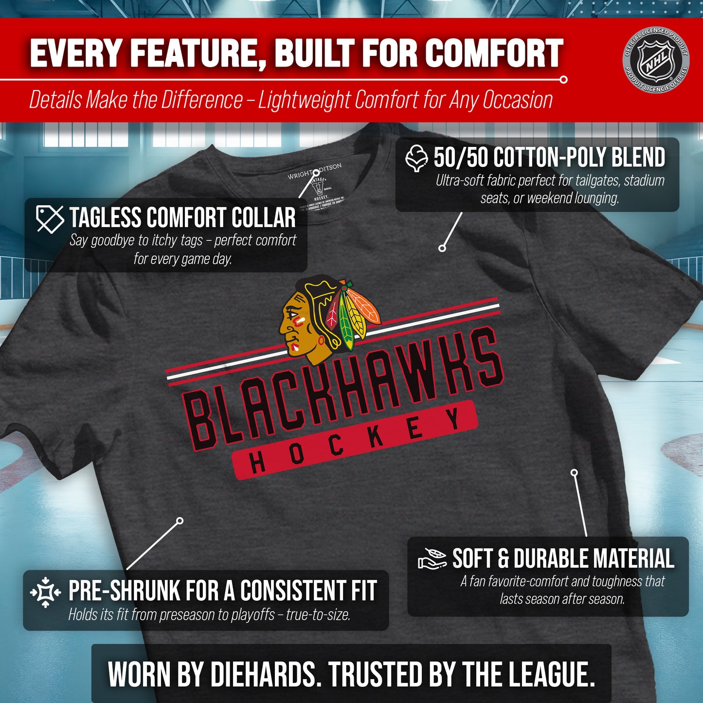 Chicago Blackhawks Adult NHL Heather Charcoal True Fan Hockey T-Shirt - Charcoal