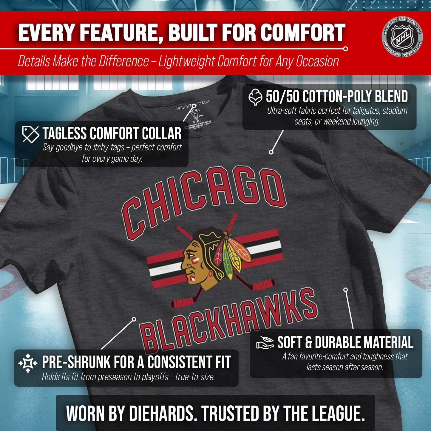 Chicago Blackhawks NHL Adult Faceoff Tag-Less T-Shirt - Black