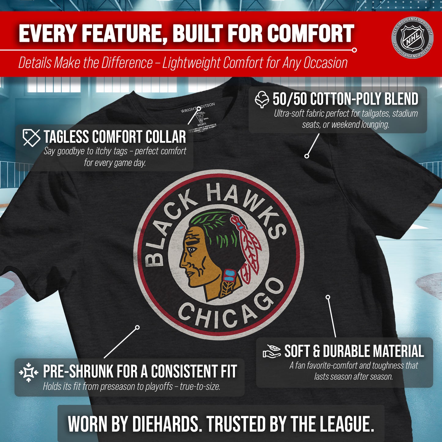 Chicago Blackhawks NHL Adult Retro Logo Tag-Less T-Shirt - Black Heather