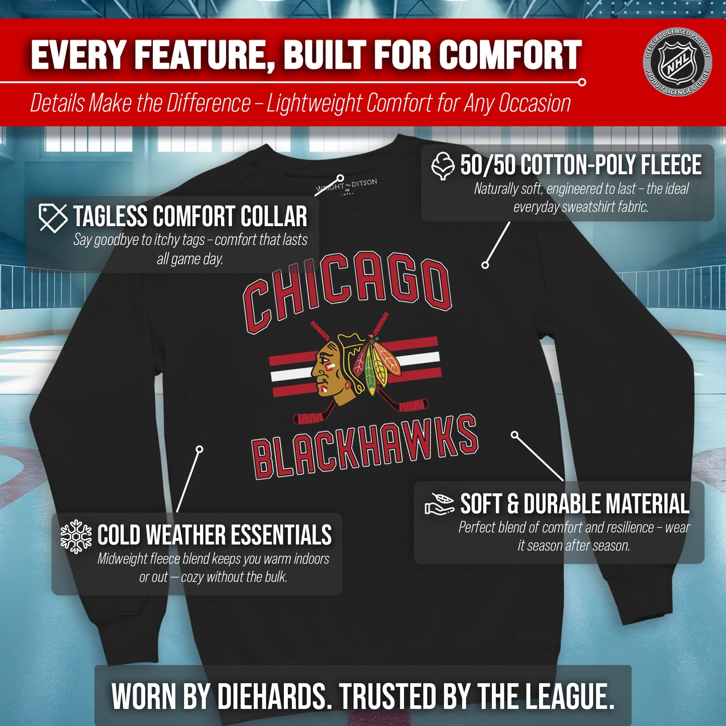 Chicago Blackhawks Adult NHL Faceoff Hockey Fleece Crewneck Sweatshirt - Black