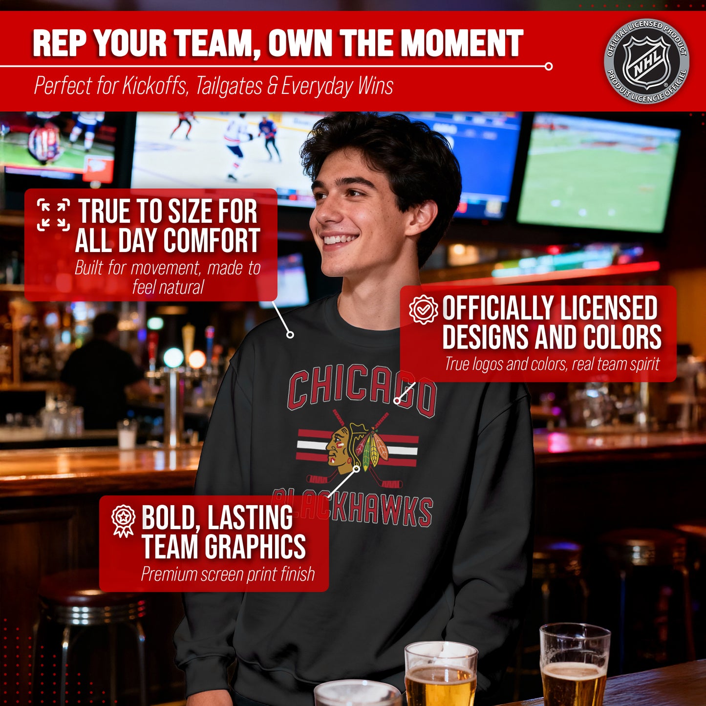 Chicago Blackhawks Adult NHL Faceoff Hockey Fleece Crewneck Sweatshirt - Black