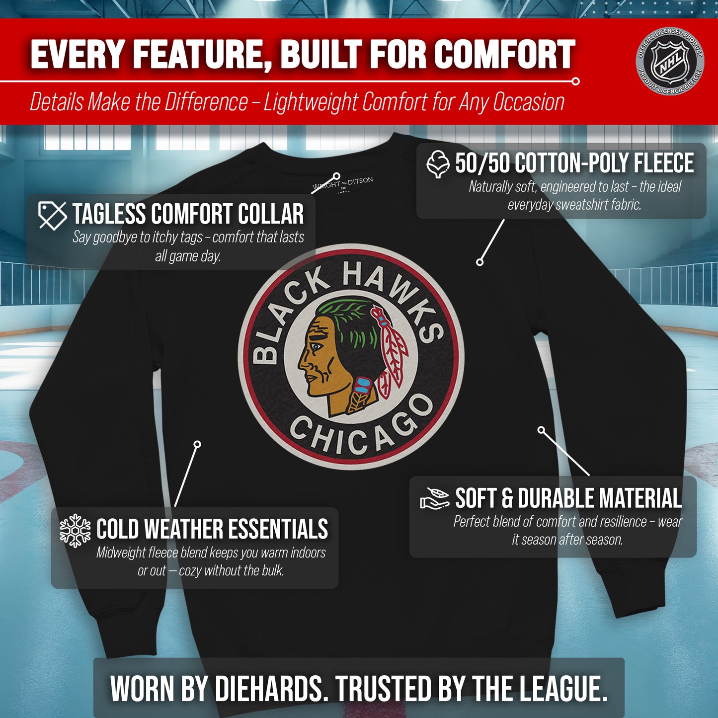 Chicago Blackhawks Adult NHL Retro Logo Hockey Fleece Crewneck Sweatshirt - Black Heather