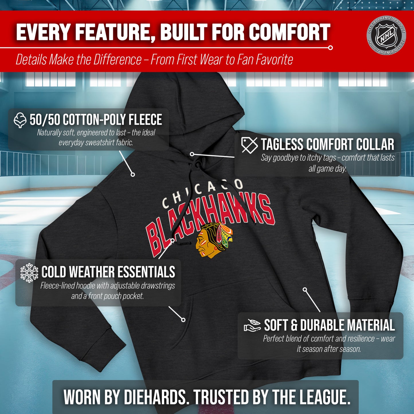 Chicago Blackhawks NHL Adult Unisex Powerplay Hooded Sweatshirt - Black Heather