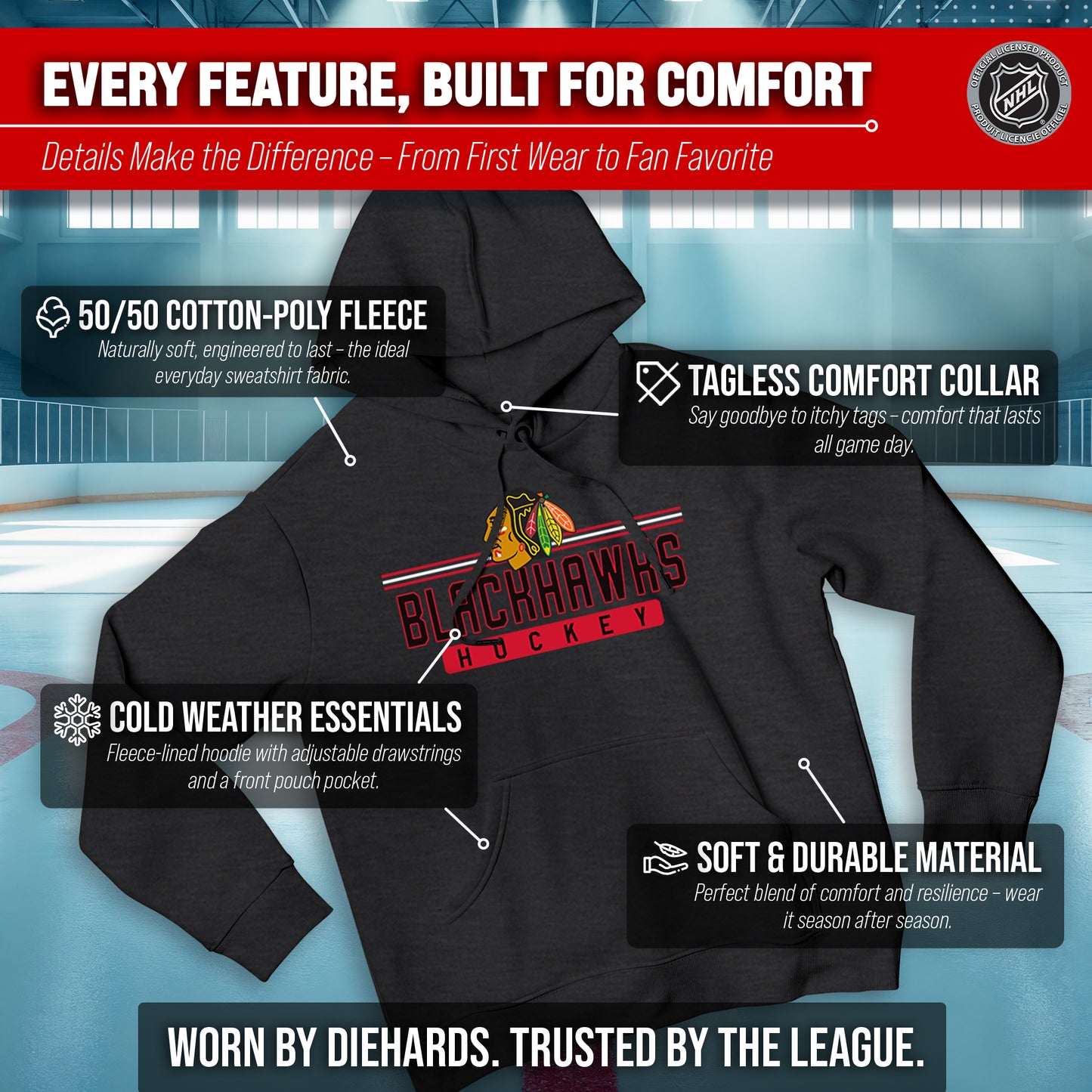 Chicago Blackhawks NHL Adult Heather Charcoal True Fan Hooded Sweatshirt Unisex - Charcoal