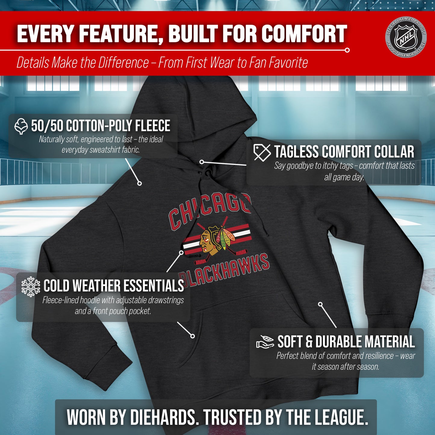 Chicago Blackhawks Adult NHL Faceoff Hockey Fleece Hooded Sweatshirt- Jersey Stripe - Black