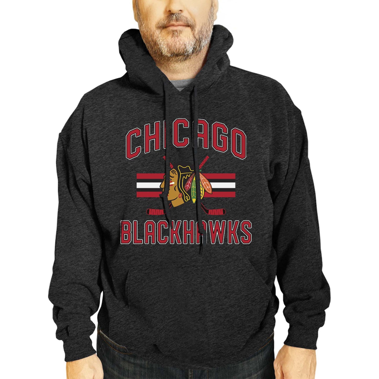 Chicago Blackhawks Adult NHL Faceoff Hockey Fleece Hooded Sweatshirt- Jersey Stripe - Black