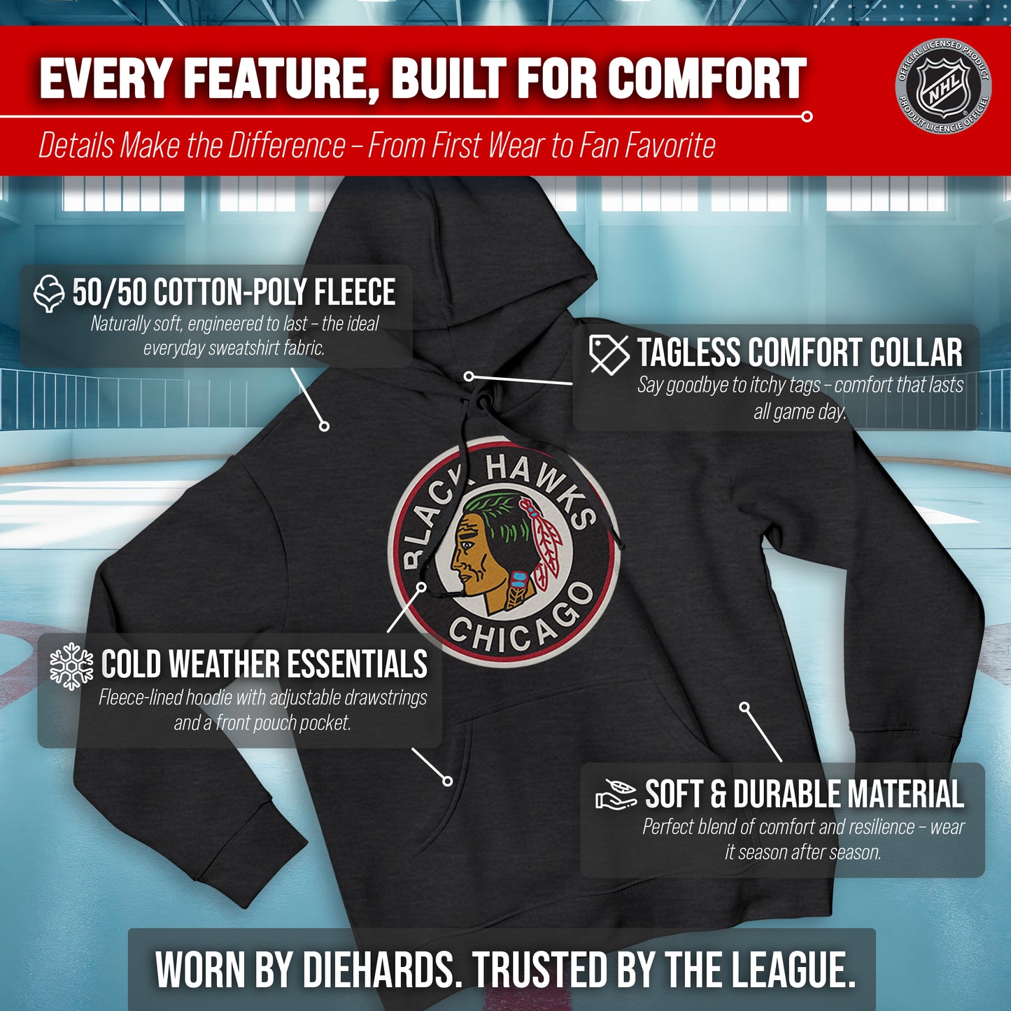 Chicago Blackhawks Adult NHL Retro Logo Hockey Fleece Hooded Sweatshirt - Black Heather