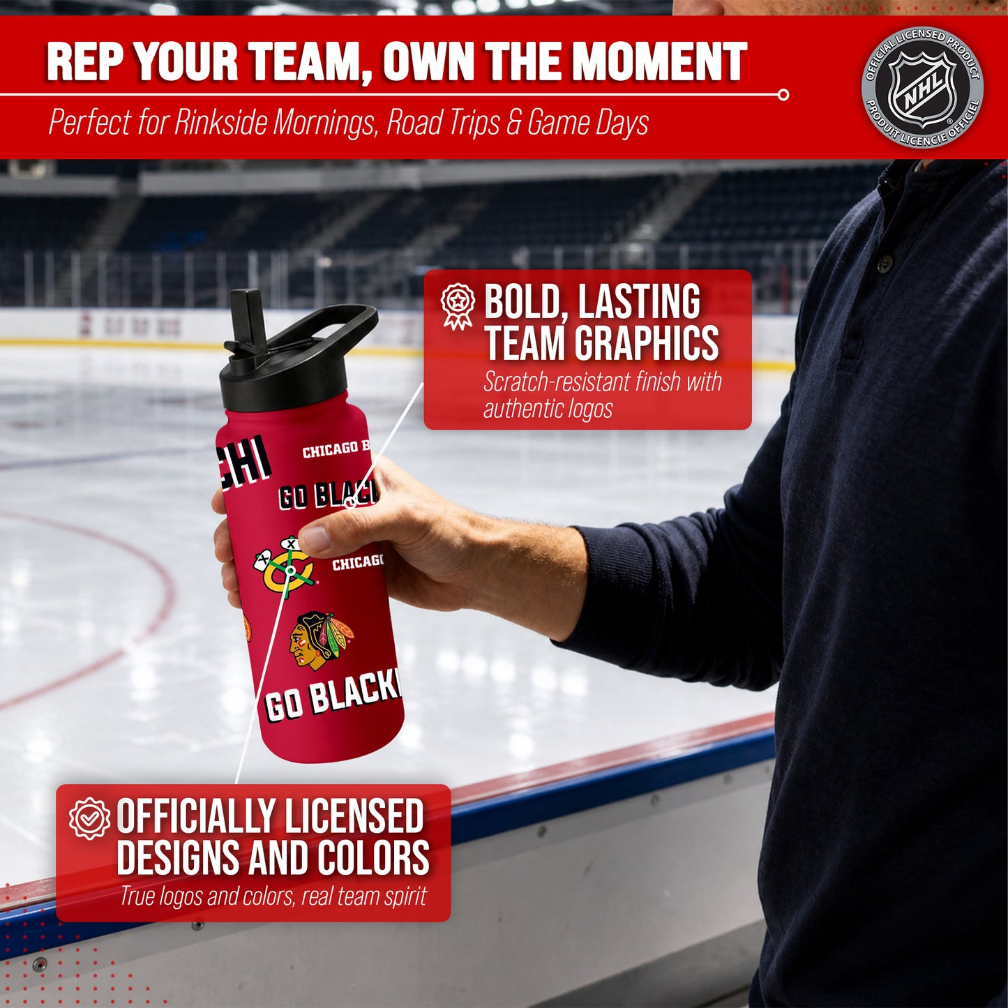 Chicago Blackhawks NHL Hockey 34oz Stainless Steel Vacuum Insulated Game Day Water Bottle with Flip Straw Lid and Handle - Red