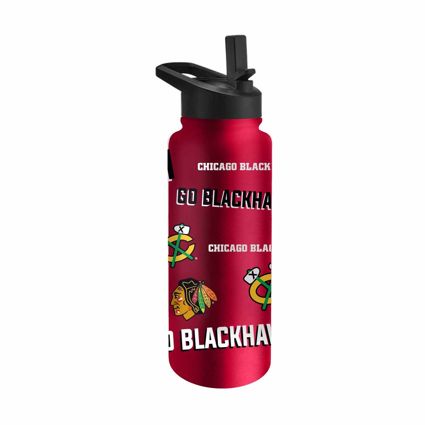 Chicago Blackhawks NHL Hockey 34oz Stainless Steel Vacuum Insulated Game Day Water Bottle with Flip Straw Lid and Handle - Red