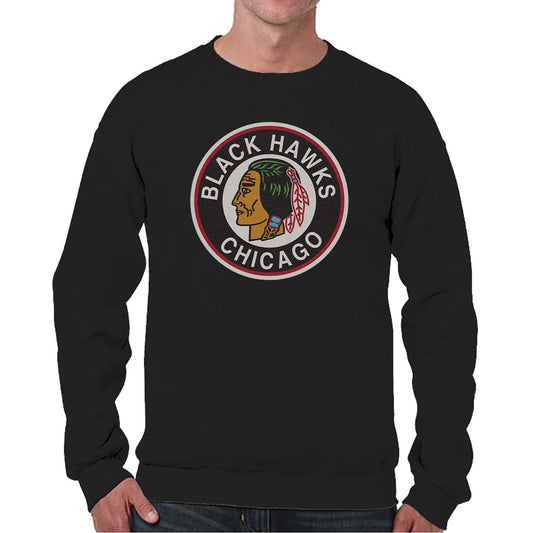 Chicago Blackhawks Adult NHL Retro Logo Hockey Fleece Crewneck Sweatshirt - Black Heather
