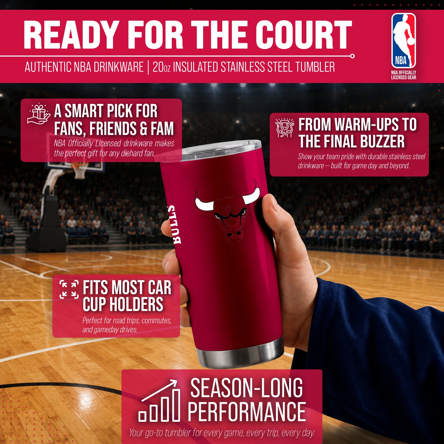 Chicago Bulls NBA Basketball 20oz Stainless Steel Vacuum Insulated Game Day Tumbler with Silicone Grip - Red
