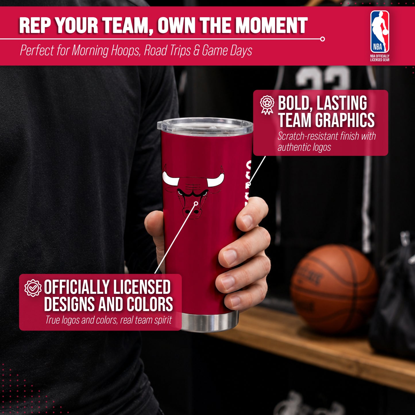 Chicago Bulls NBA Basketball 20oz Stainless Steel Vacuum Insulated Game Day Tumbler with Silicone Grip - Red