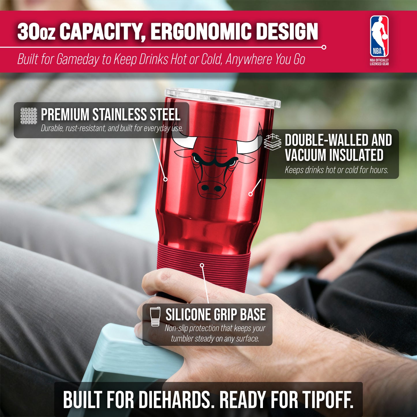 Chicago Bulls NBA Basketball 30oz Stainless Steel Vacuum Insulated Game Day Tumbler with Silicone Grip - Red