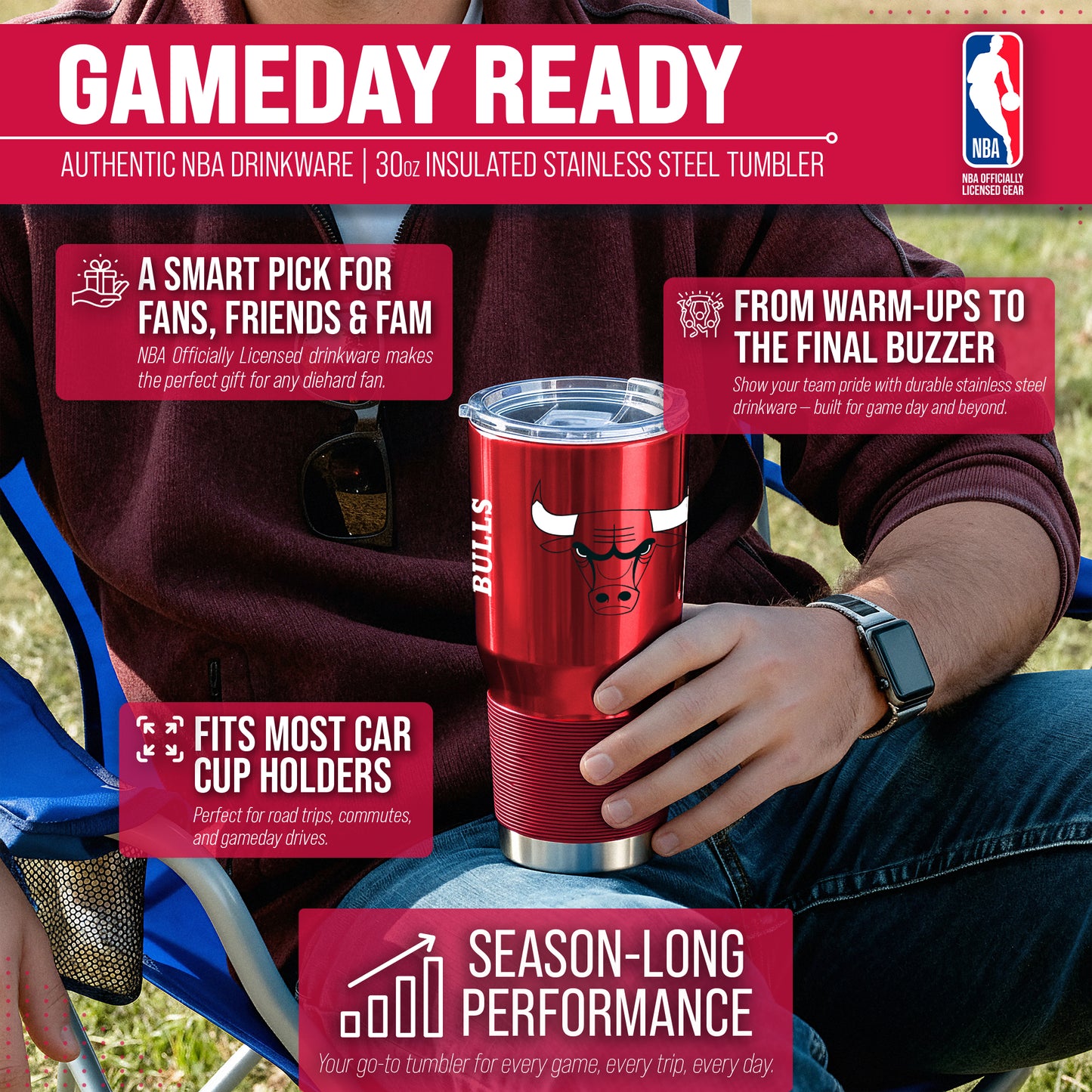 Chicago Bulls NBA Basketball 30oz Stainless Steel Vacuum Insulated Game Day Tumbler with Silicone Grip - Red