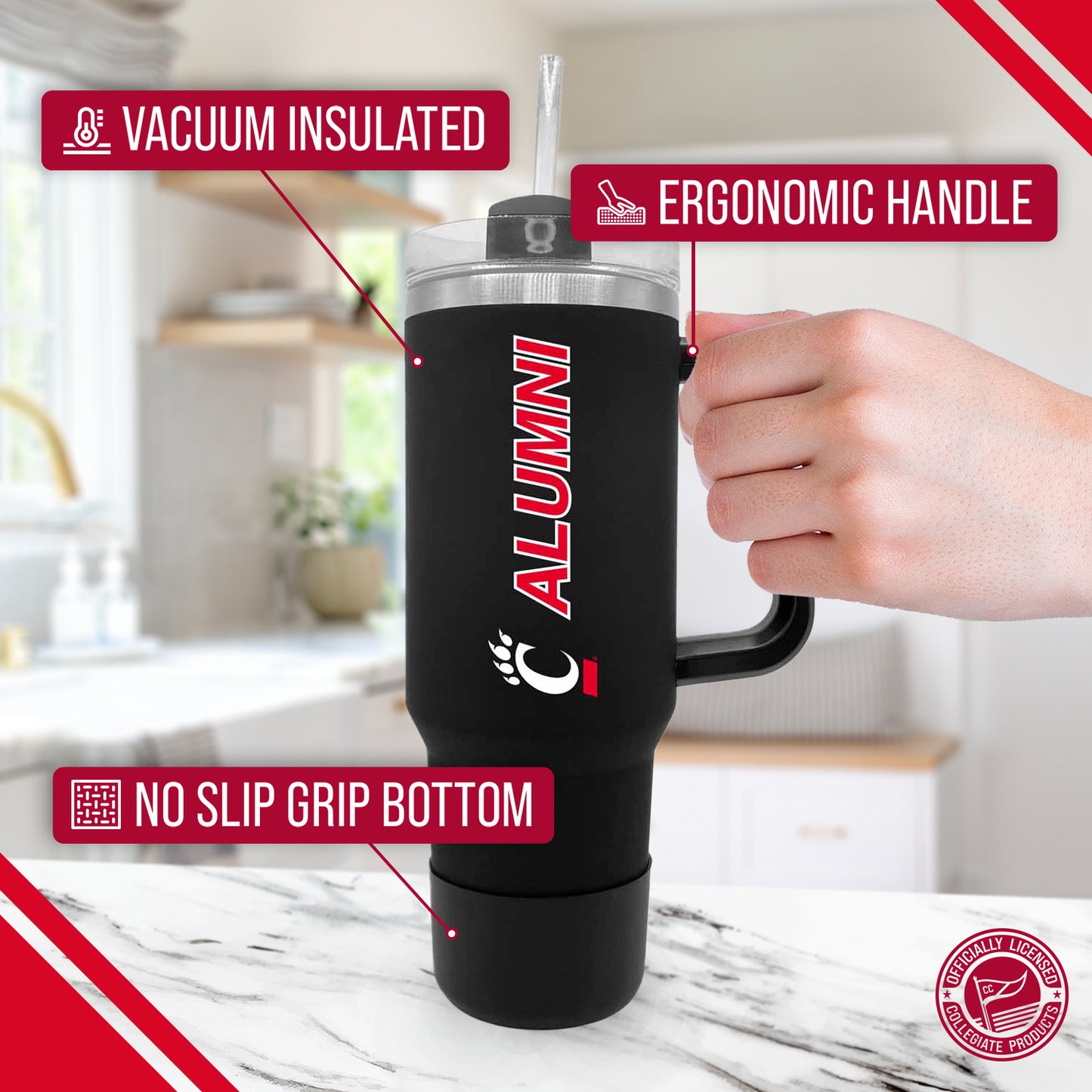 Cincinnati  Bearcats Collegiate 40oz Stainless Steel Travel Tumbler with Handle for Alumni - Black