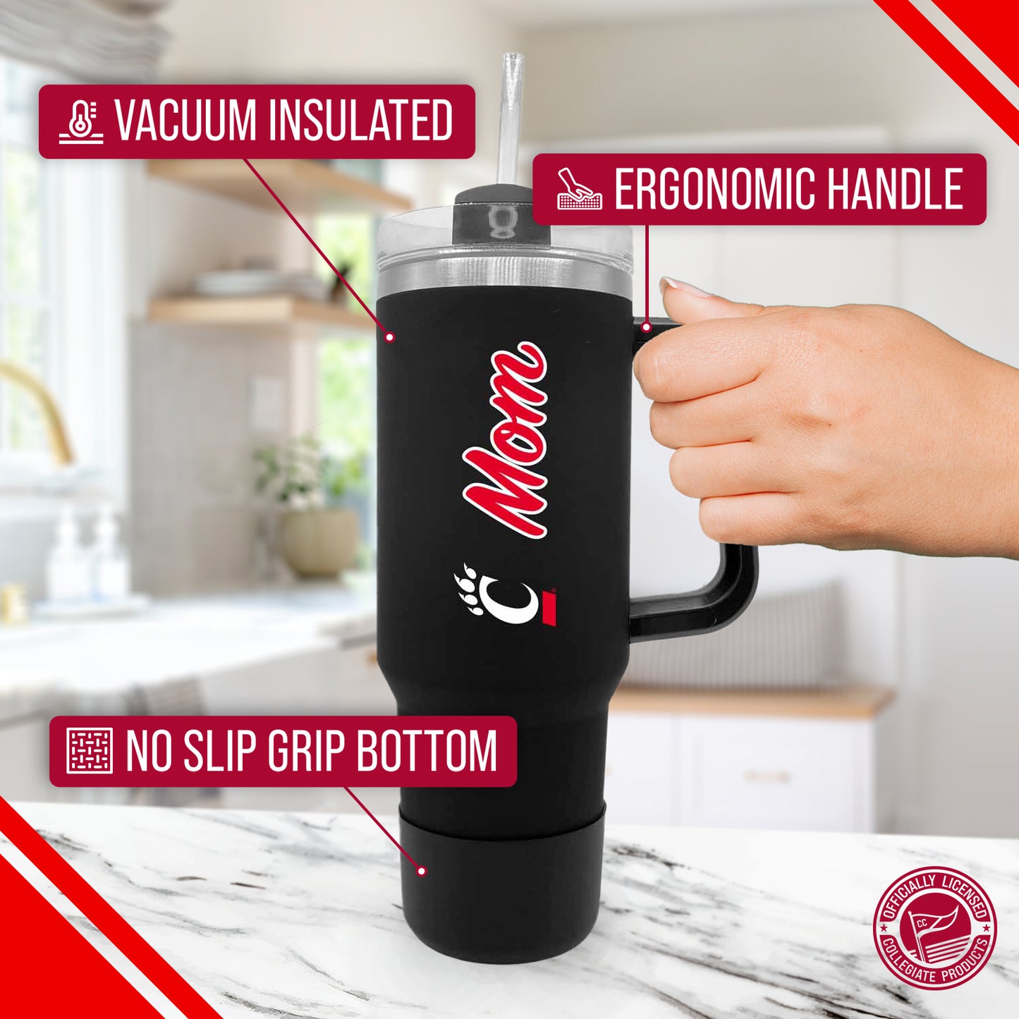 Cincinnati  Bearcats Collegiate 40oz Stainless Steel Travel Tumbler with Handle for Mom - Black