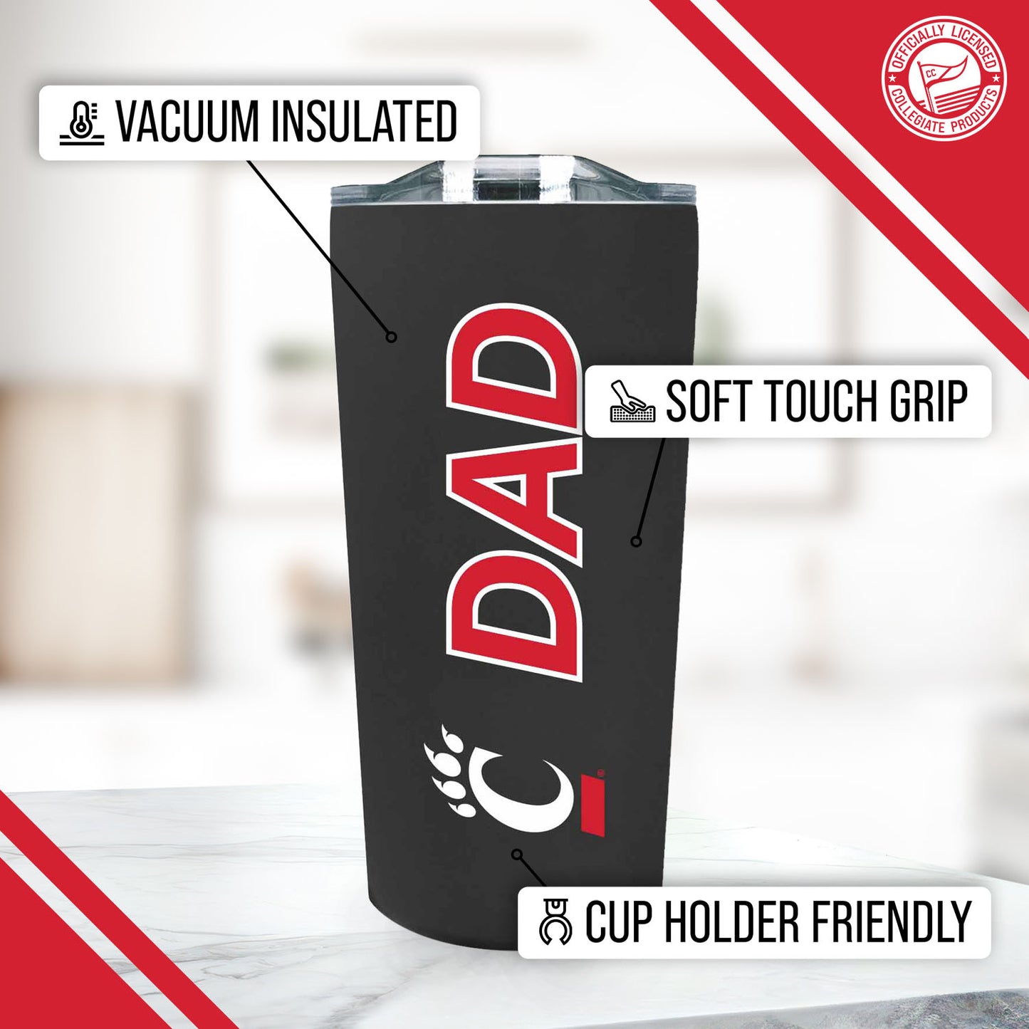 Cincinnati  Bearcats NCAA Stainless Steel Travel Tumbler for Dad - Black