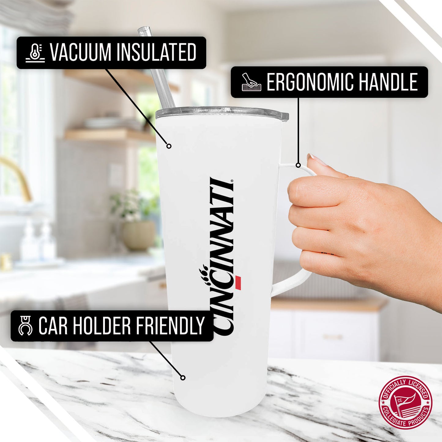 Cincinnati  Bearcats NCAA Stainless Steel 20oz Roadie With Handle & Dual Option Lid With Straw - White