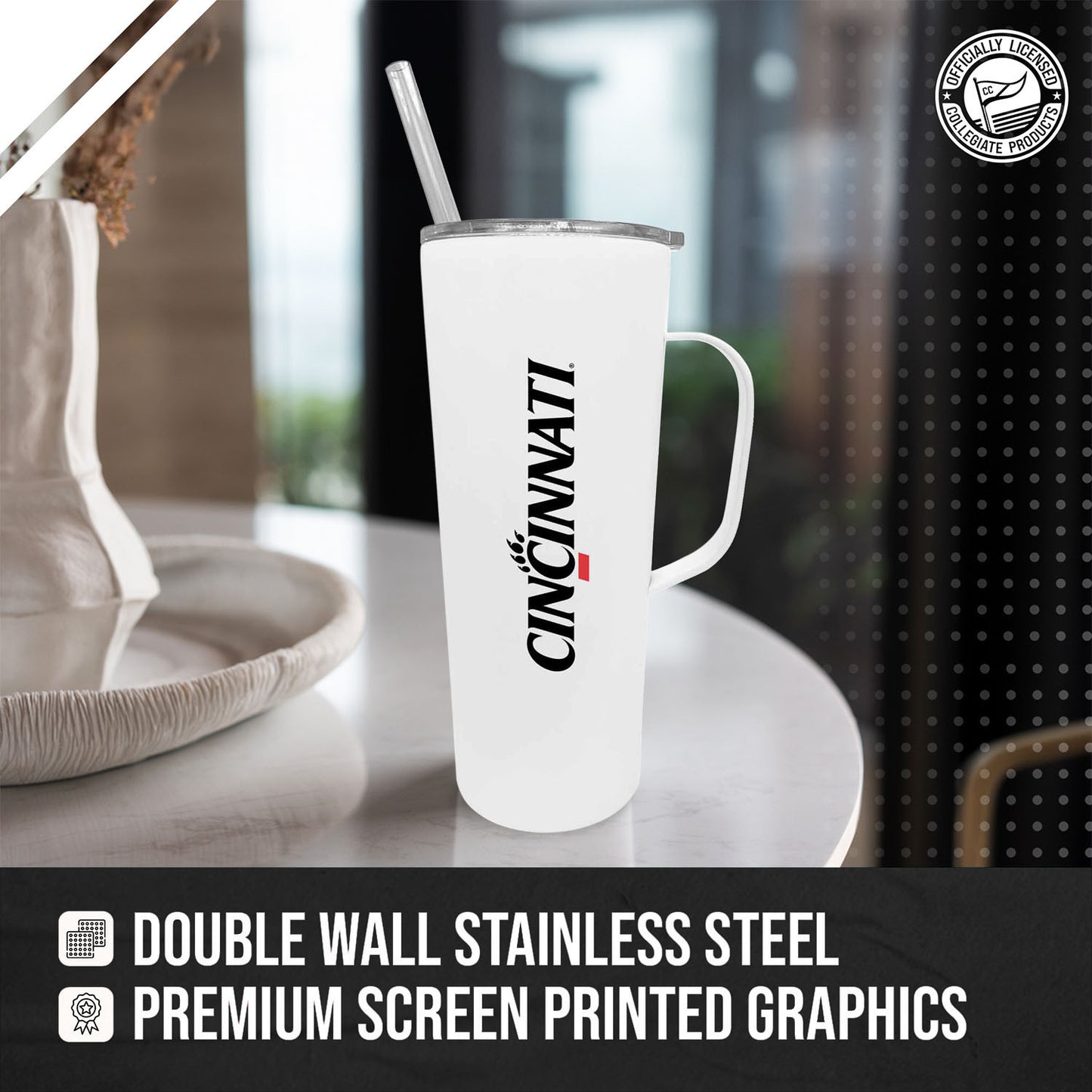 Cincinnati  Bearcats NCAA Stainless Steel 20oz Roadie With Handle & Dual Option Lid With Straw - White