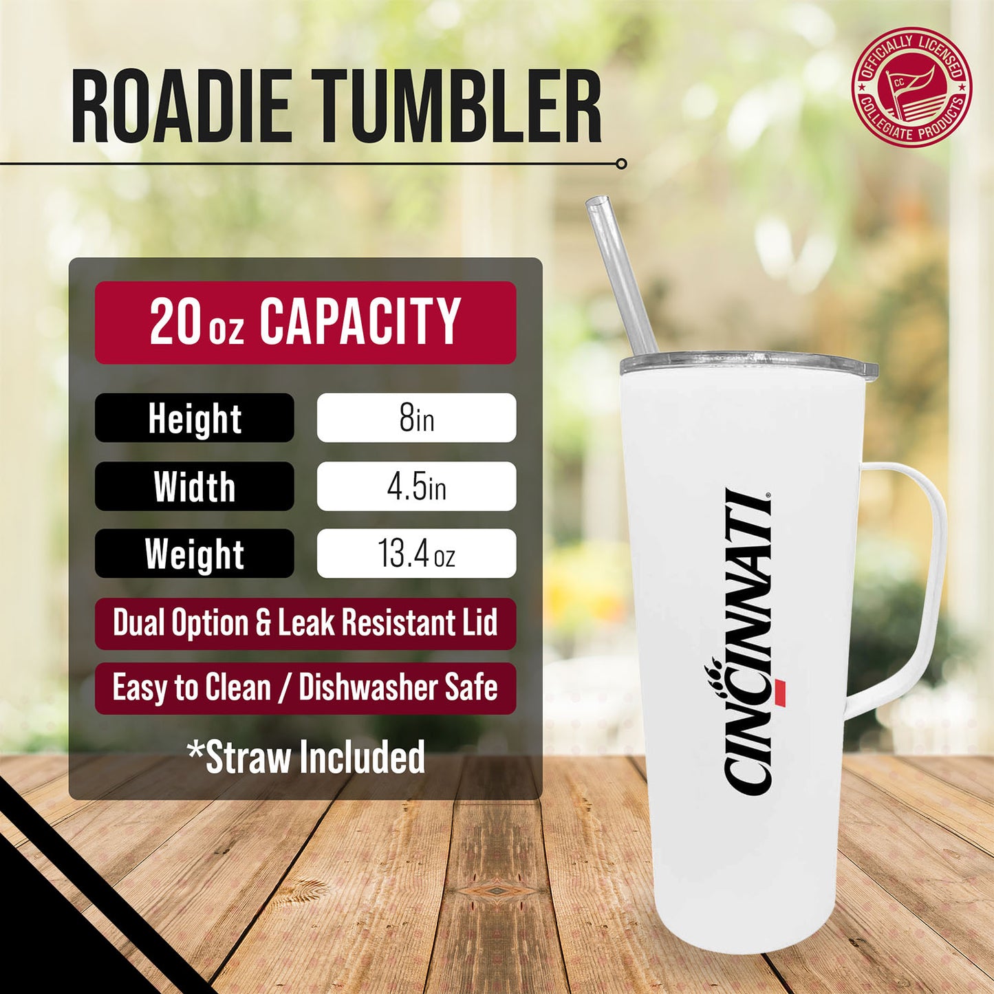 Cincinnati  Bearcats NCAA Stainless Steel 20oz Roadie With Handle & Dual Option Lid With Straw - White