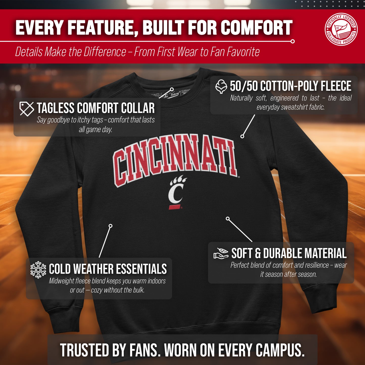 Cincinnati Bearcats Collegiate Adult Tackle Twill Crewneck Sweatshirt - Black